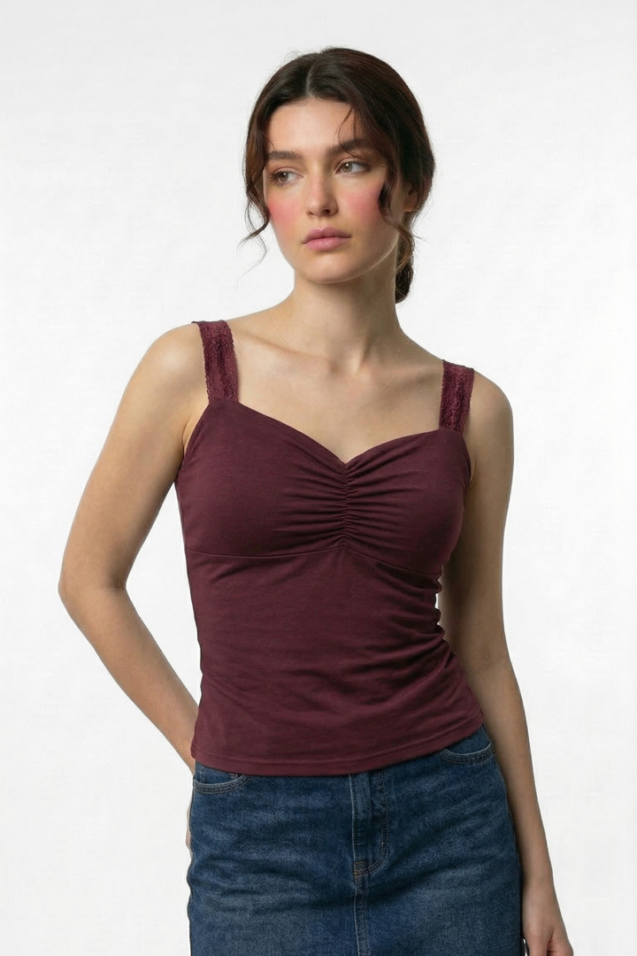 Lucy Lace Sweetheart Ruched Top- Wine