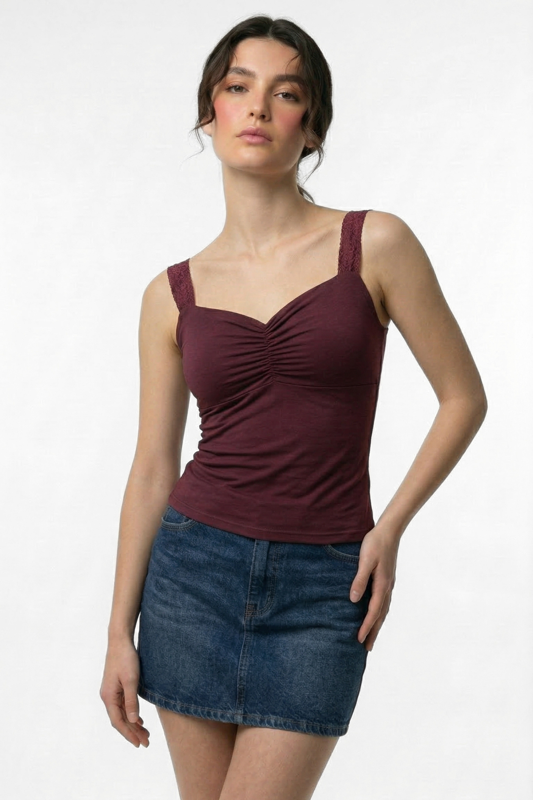 Lucy Lace Sweetheart Ruched Top- Wine