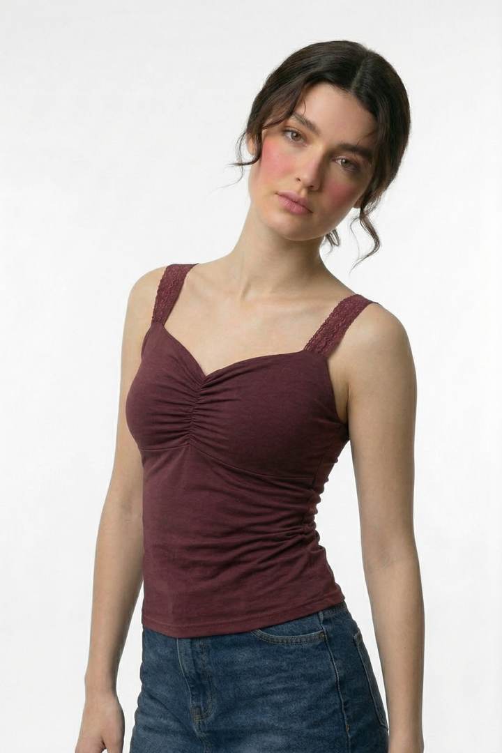 Lucy Lace Sweetheart Ruched Top- Wine