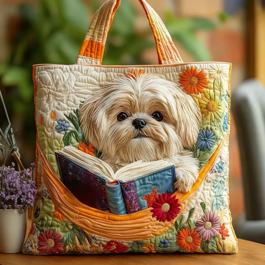 Artisan Shih Tzu Tote Bag with Book and Flowers