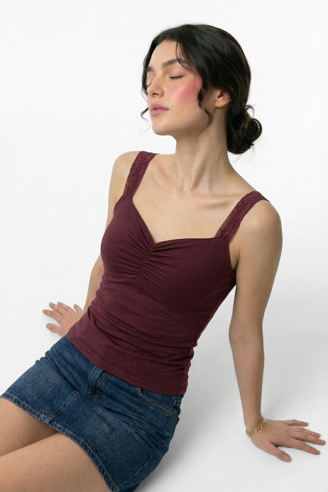 Lucy Lace Sweetheart Ruched Top- Wine