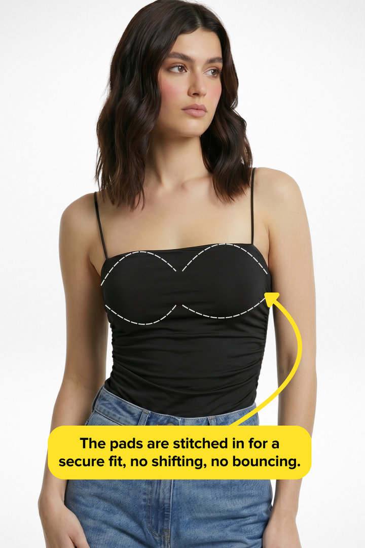 Jade Noodle Strap Inbuilt Bra Top - Black