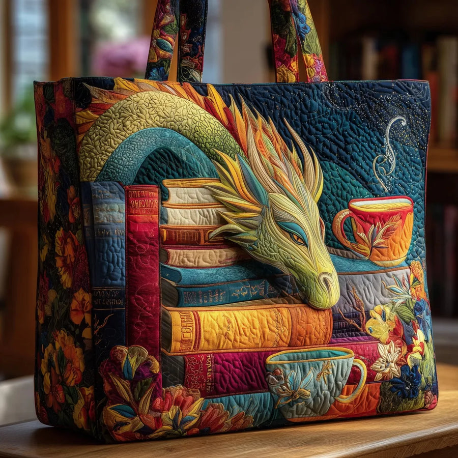Artisan Dragon Tote Bag with Books and Mugs