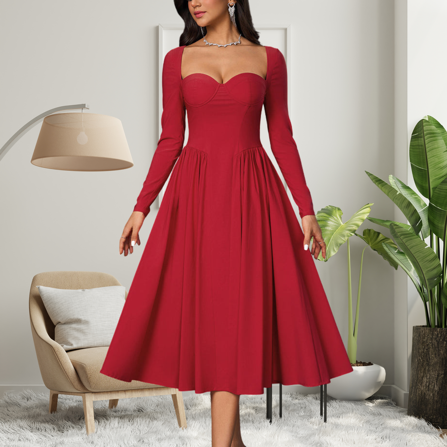 AKILA | Elegant Heart Neckline Long Sleeve A-Line Maxi Dress