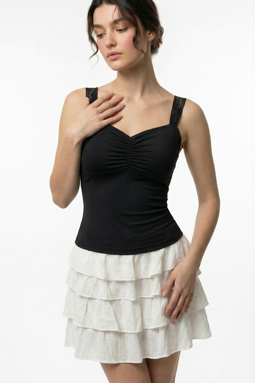 Lucy Lace Sweetheart Ruched Top- Black