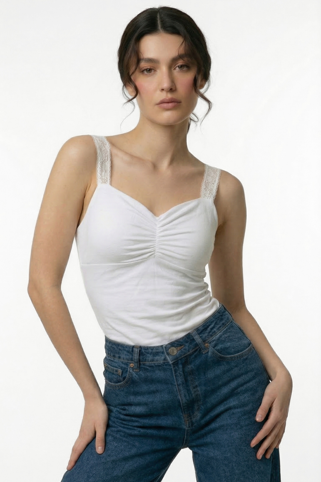 Lucy Lace Sweetheart Ruched Top- White