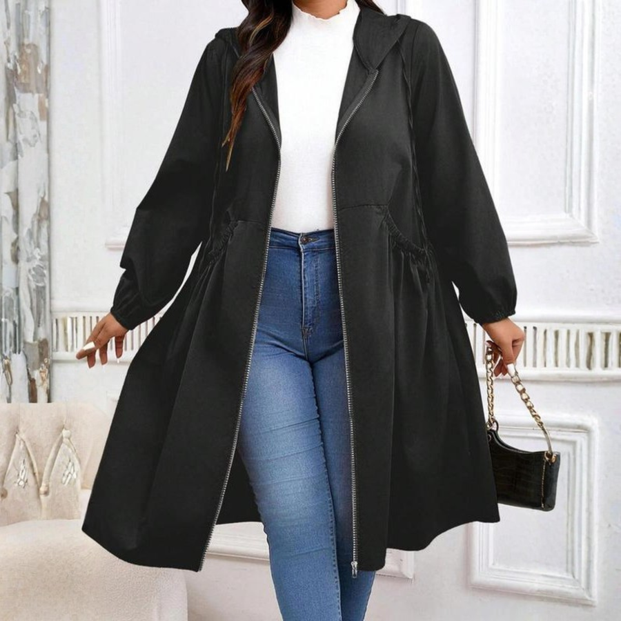 AVRIL | Plus Size Drawstring Zip-Up Long Sleeve Hooded Coat