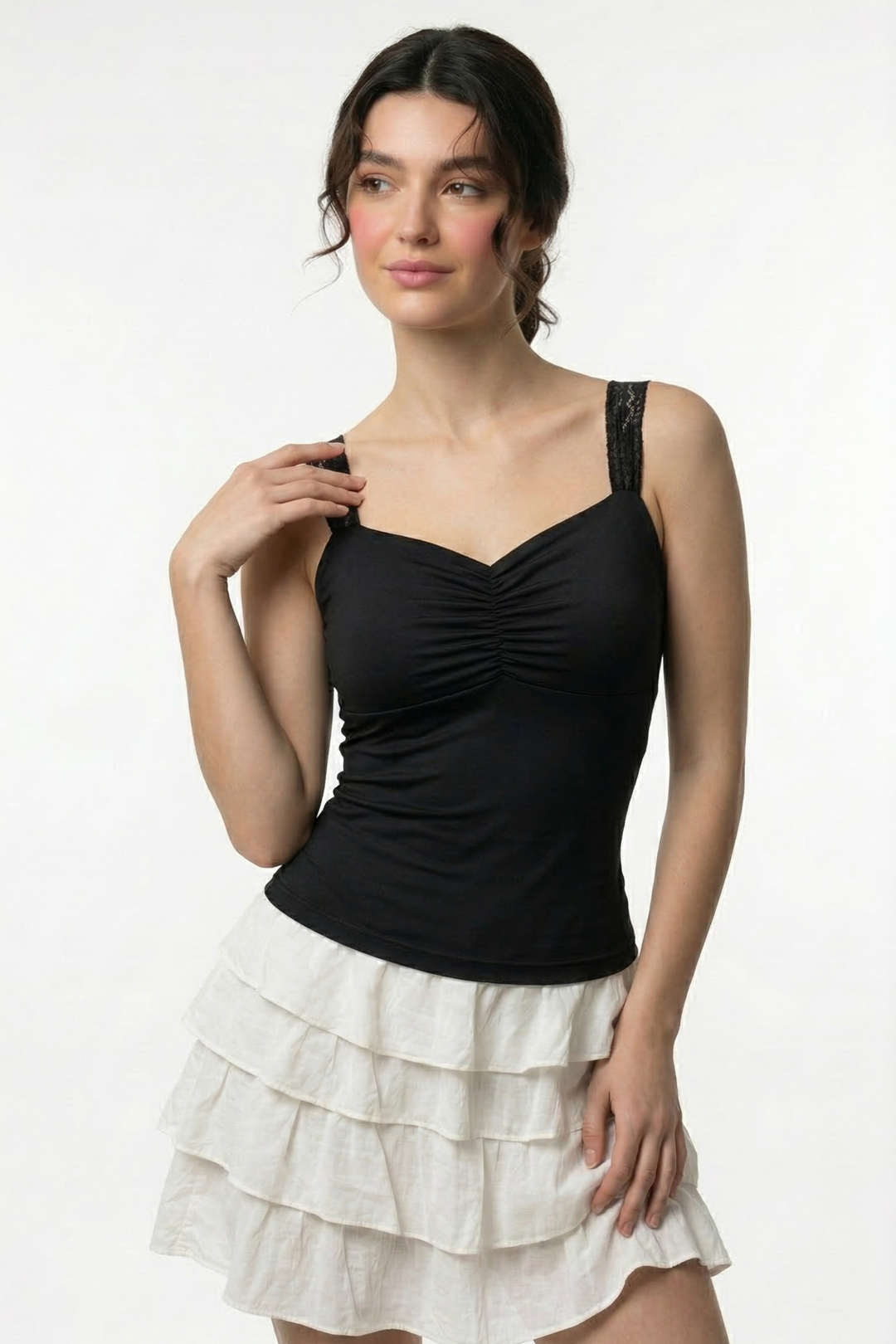 Lucy Lace Sweetheart Ruched Top- Black