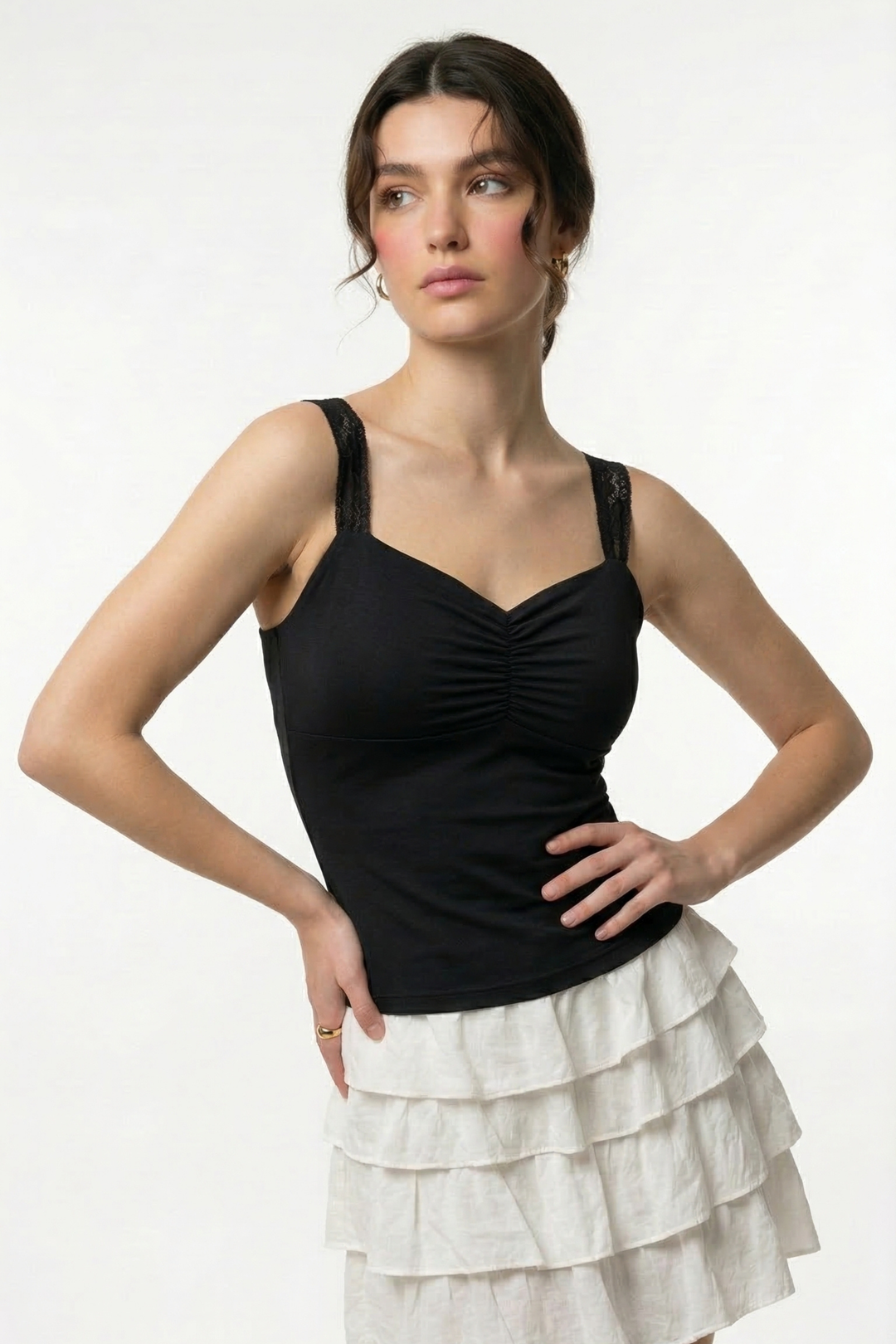 Lucy Lace Sweetheart Ruched Top- Black