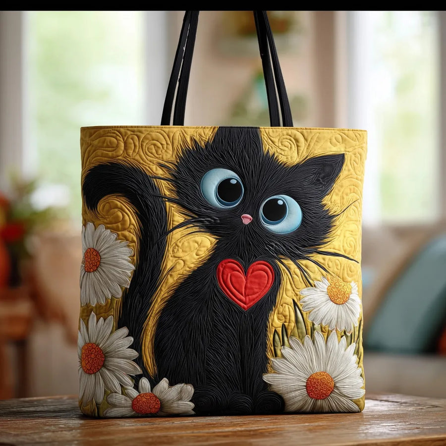 Artisan Tote Bag Black Cat with Heart and Daisies