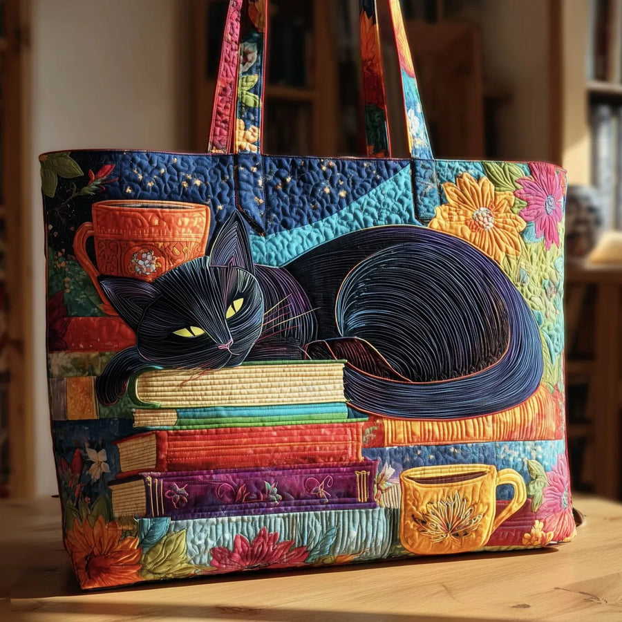 Artisan Tote Bag Black Cat with Books and Mugs