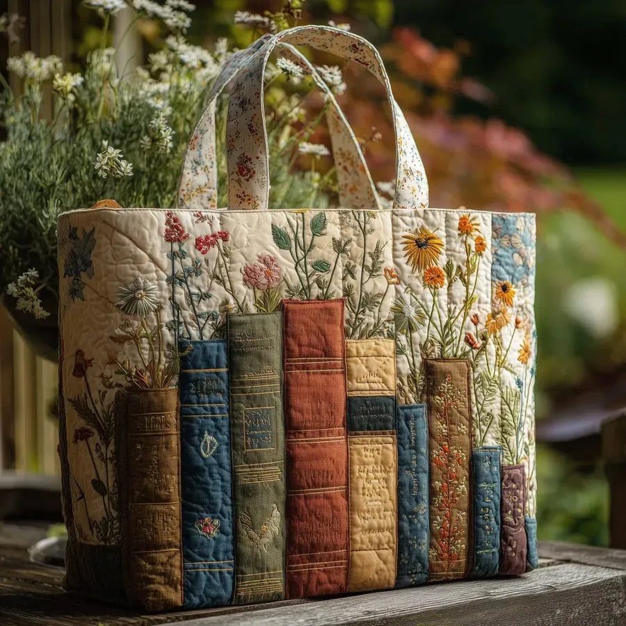Artisanal Quilted Bag: Books and Flowers
