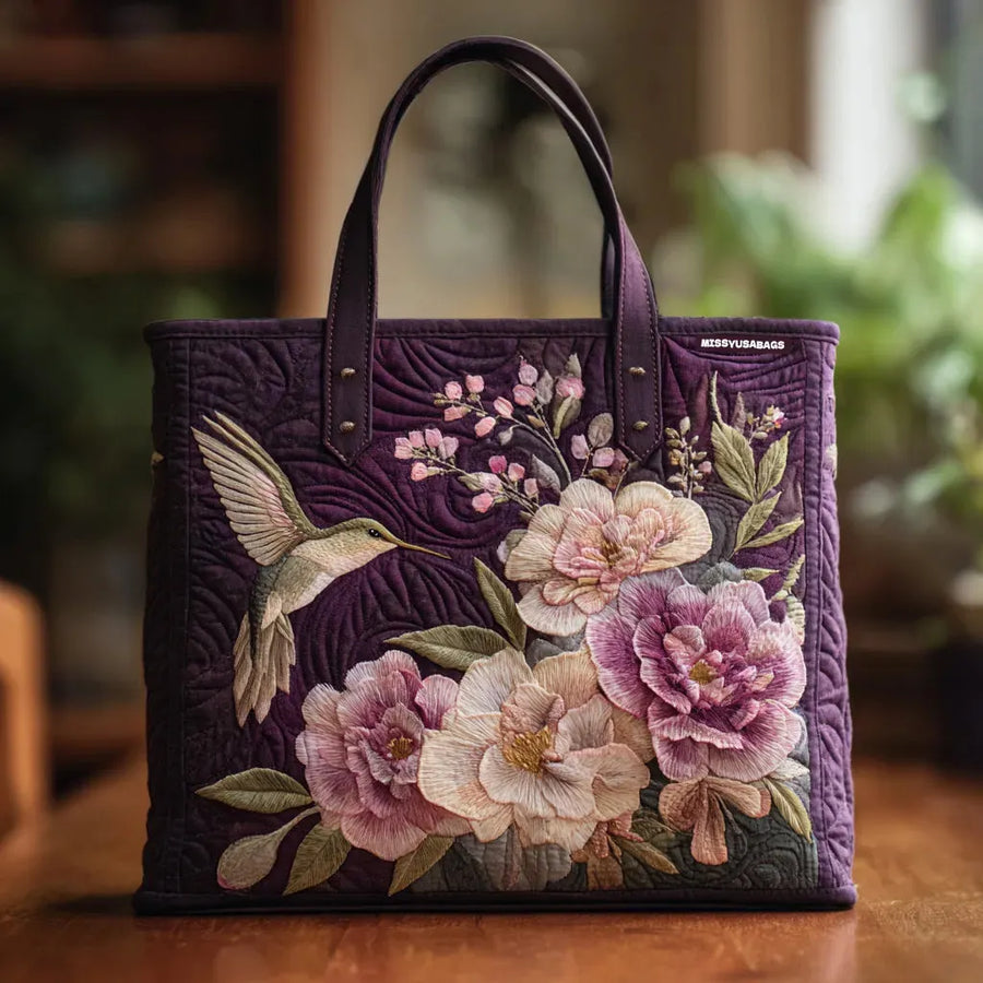 Artisan Quilted Bag in Violet with Hummingbirds and Orchids