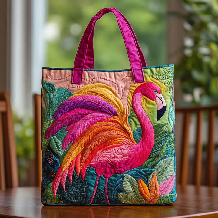 Quilted Flamingo Rainbow Tote Bag