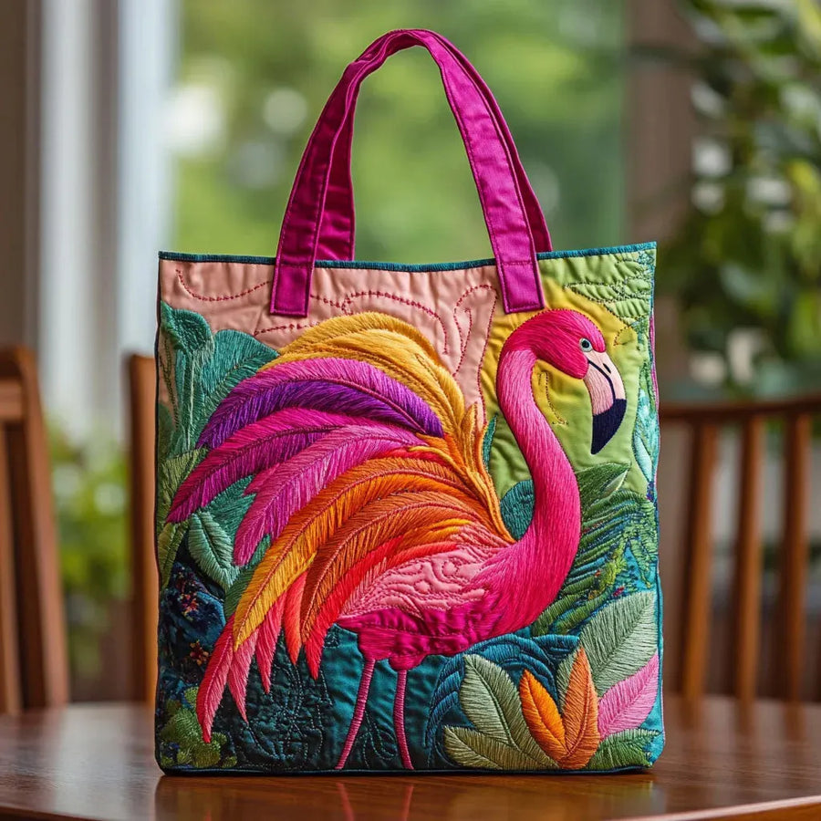 Quilted Flamingo Rainbow Tote Bag
