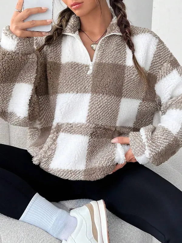 Malda | Chic Plaid Print Half Zip Long Sleeve Sweater