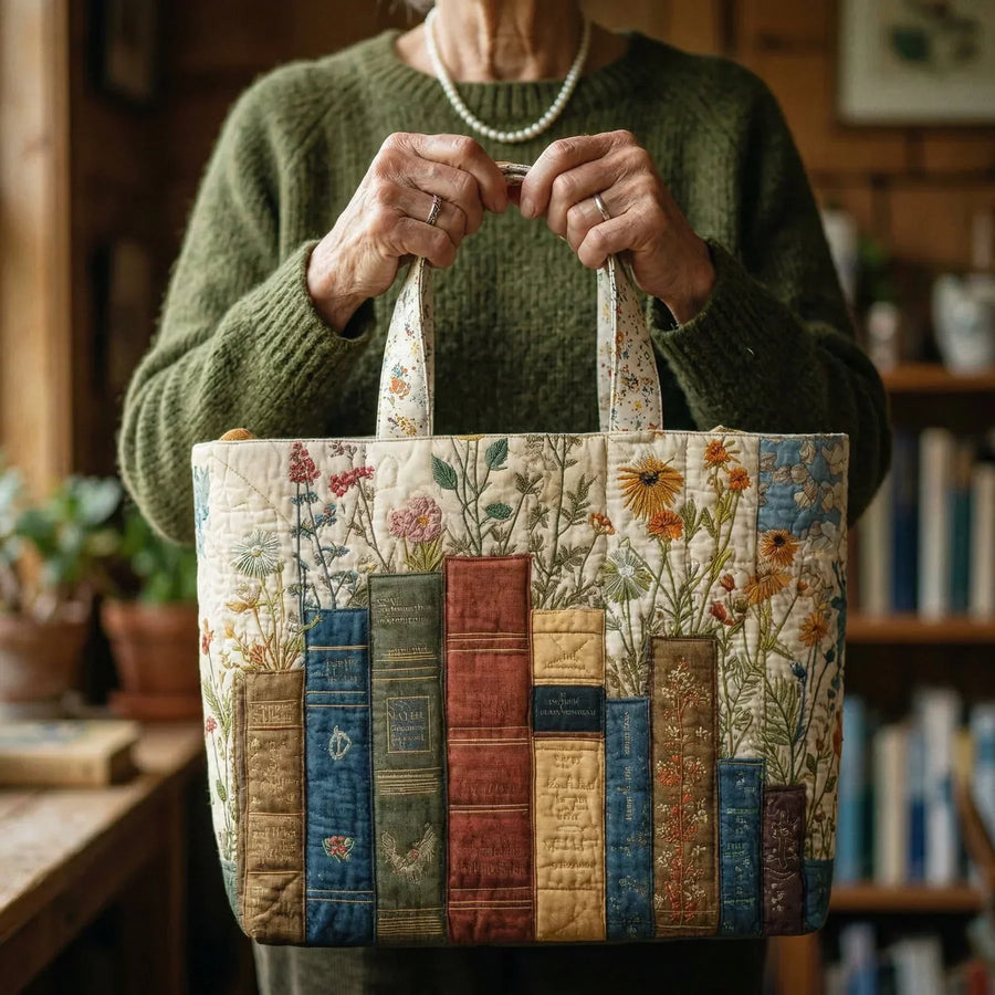 Artisanal Quilted Bag: Books and Flowers