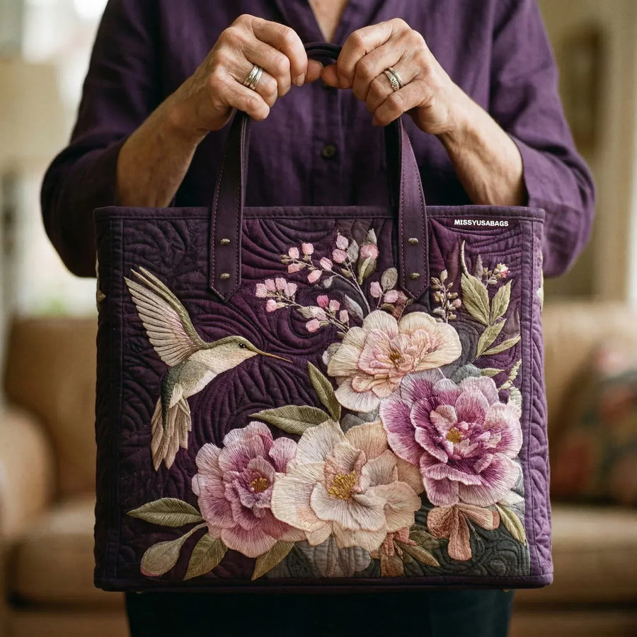 Artisan Quilted Bag in Violet with Hummingbirds and Orchids