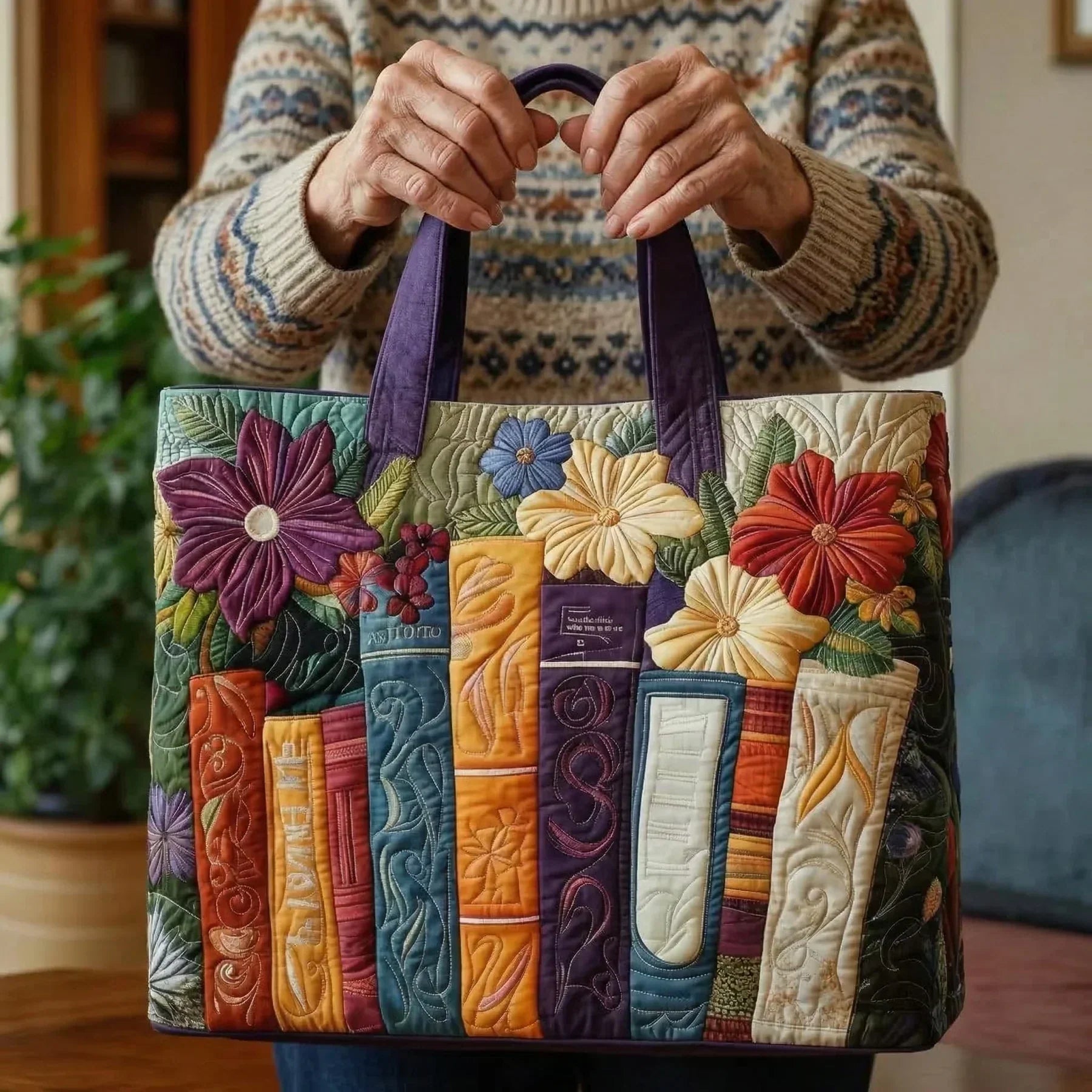 Quilted Tote Bag for Book Lovers