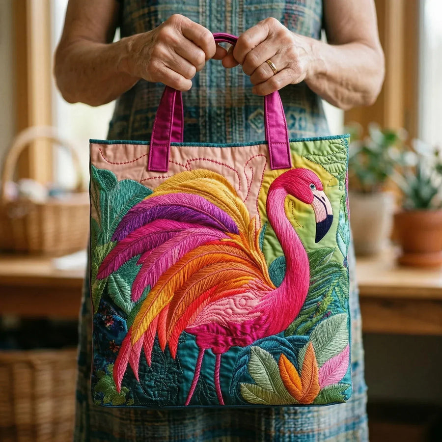 Quilted Flamingo Rainbow Tote Bag