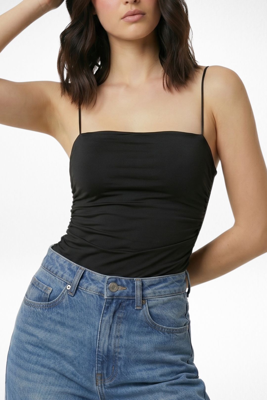 Jade Noodle Strap Inbuilt Bra Top - Black